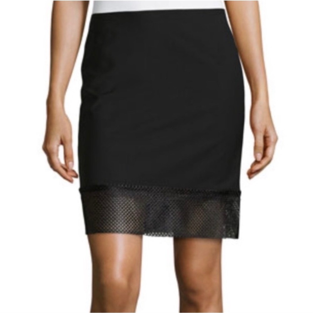 L.A.M.B.‎ Black Mesh Trim Pencil Skirt Size 2 Designer Quiet Luxury Office Siren